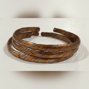 Vintage Brown and Silvertone Metal Striped Cuff Bangle Bracelet Set
